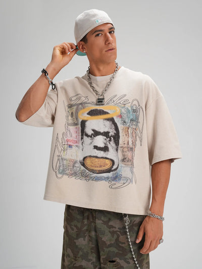 Camiseta de Algodón Grueso Cuello Redondo Currency Vintage-557