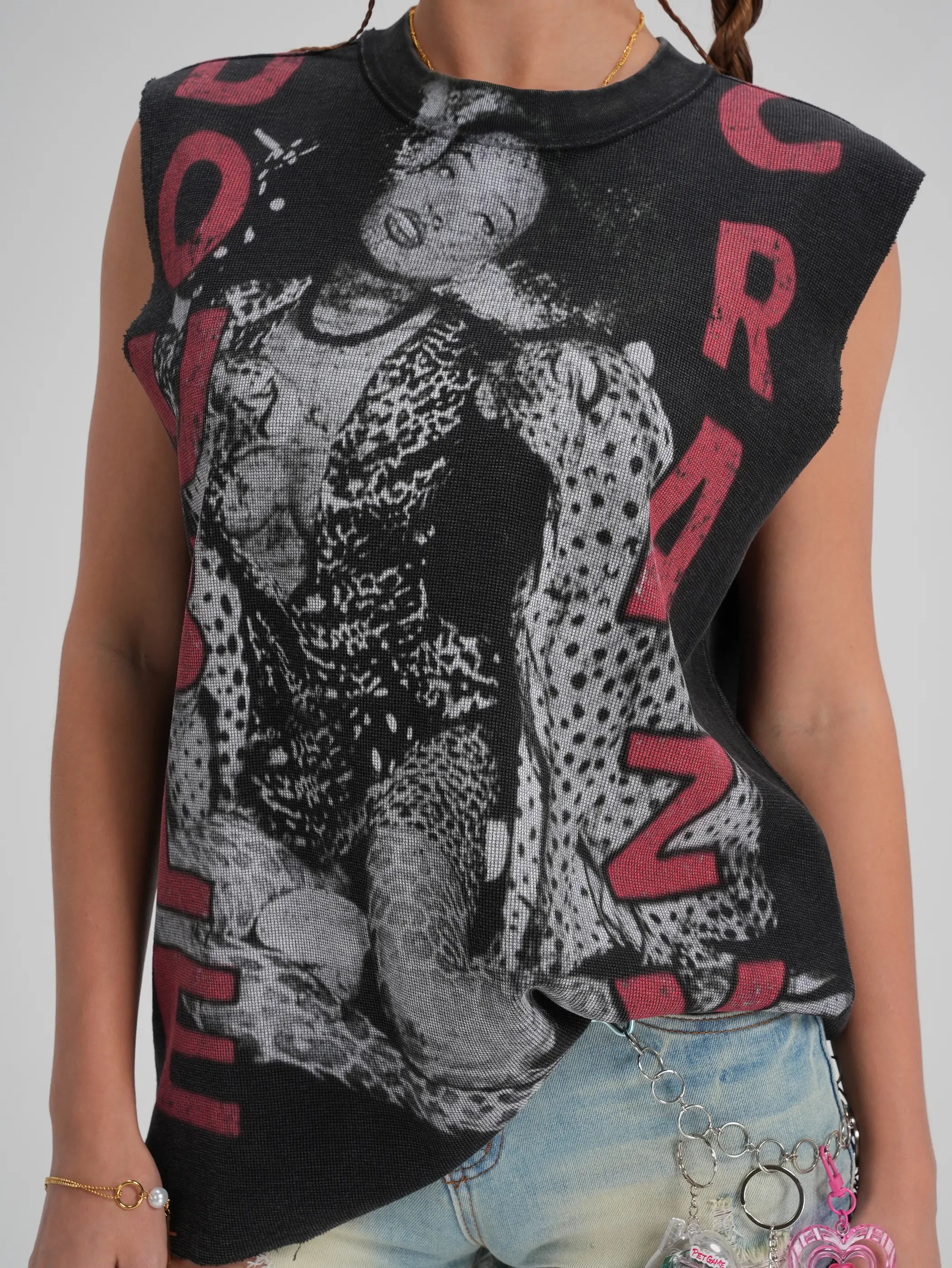 Camiseta de tirantes con estampado de leopardo y textura de gofre de los 90-559