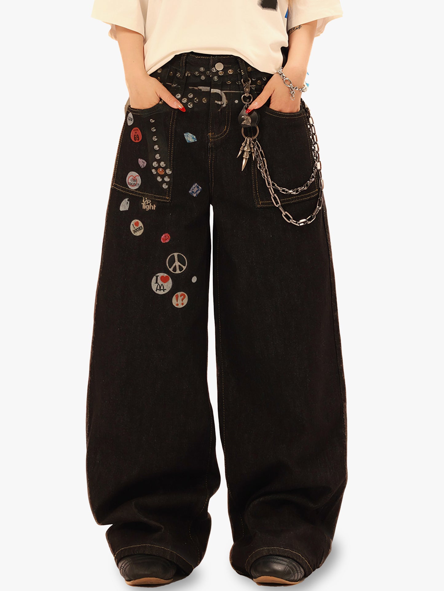 Y2K Wide Leg Jeans Women Studded Patchwork High Waist Denim Pants-S1003