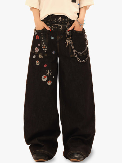 Y2K Wide Leg Jeans Women Studded Patchwork High Waist Denim Pants-S1003