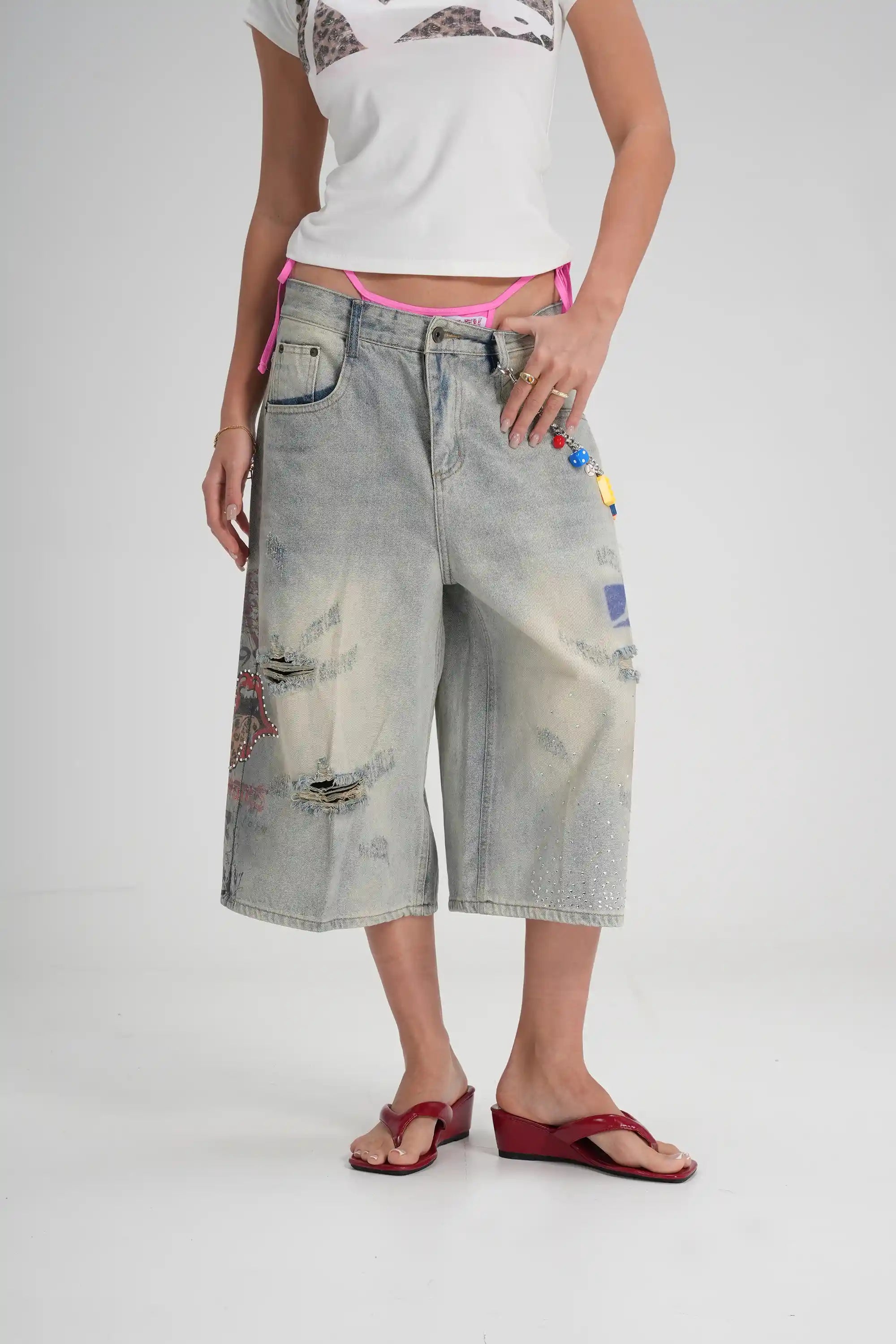 Bermudas de mezclilla holgadas con gráficos punk-579