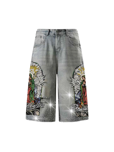 Jorts délavés imprimé religieux-580