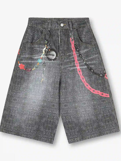 Graffiti Decorated Denim Shorts-S1058