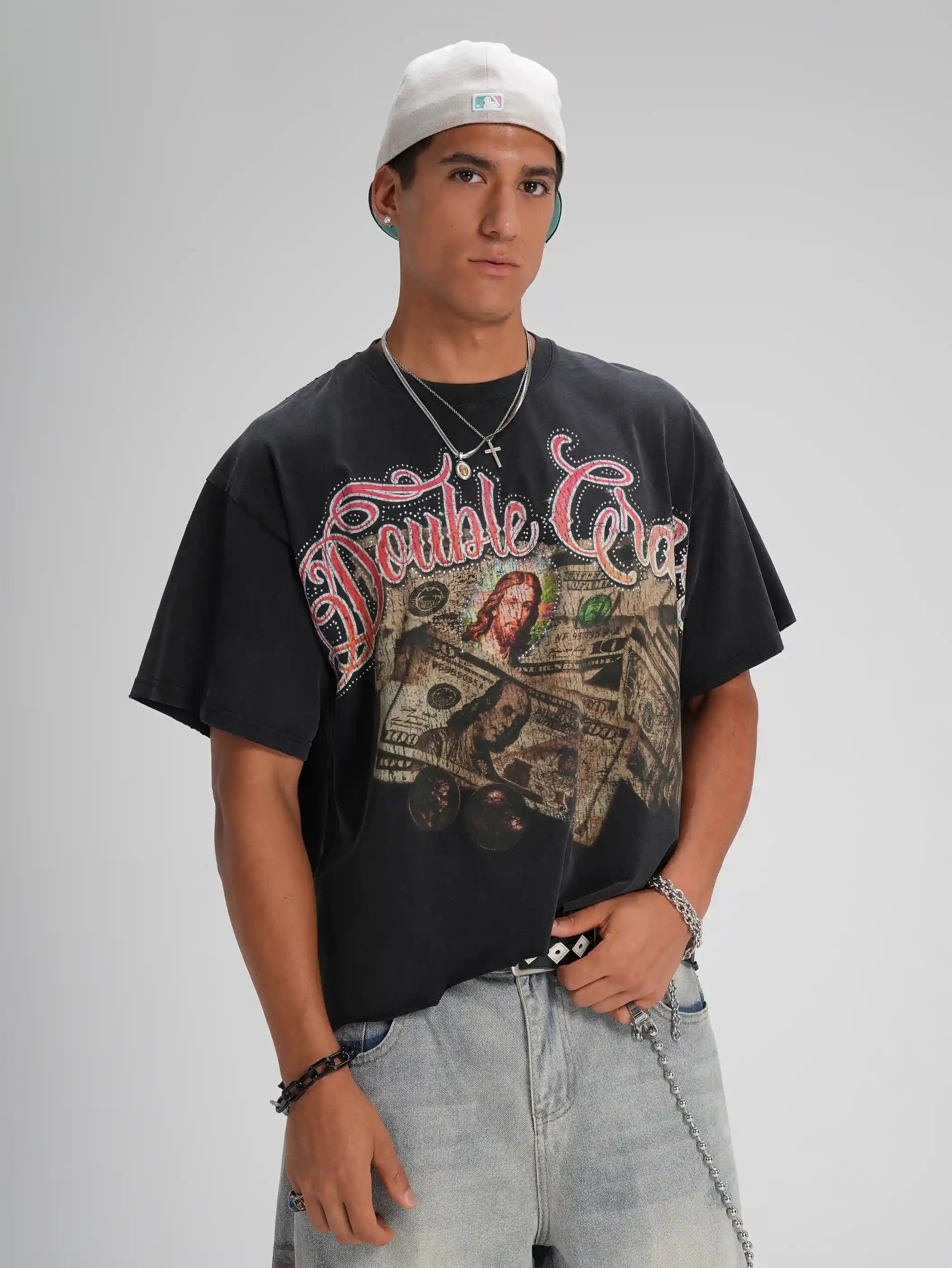 T-shirt ample "Rhinestone Jesus Cash Boxy"-587