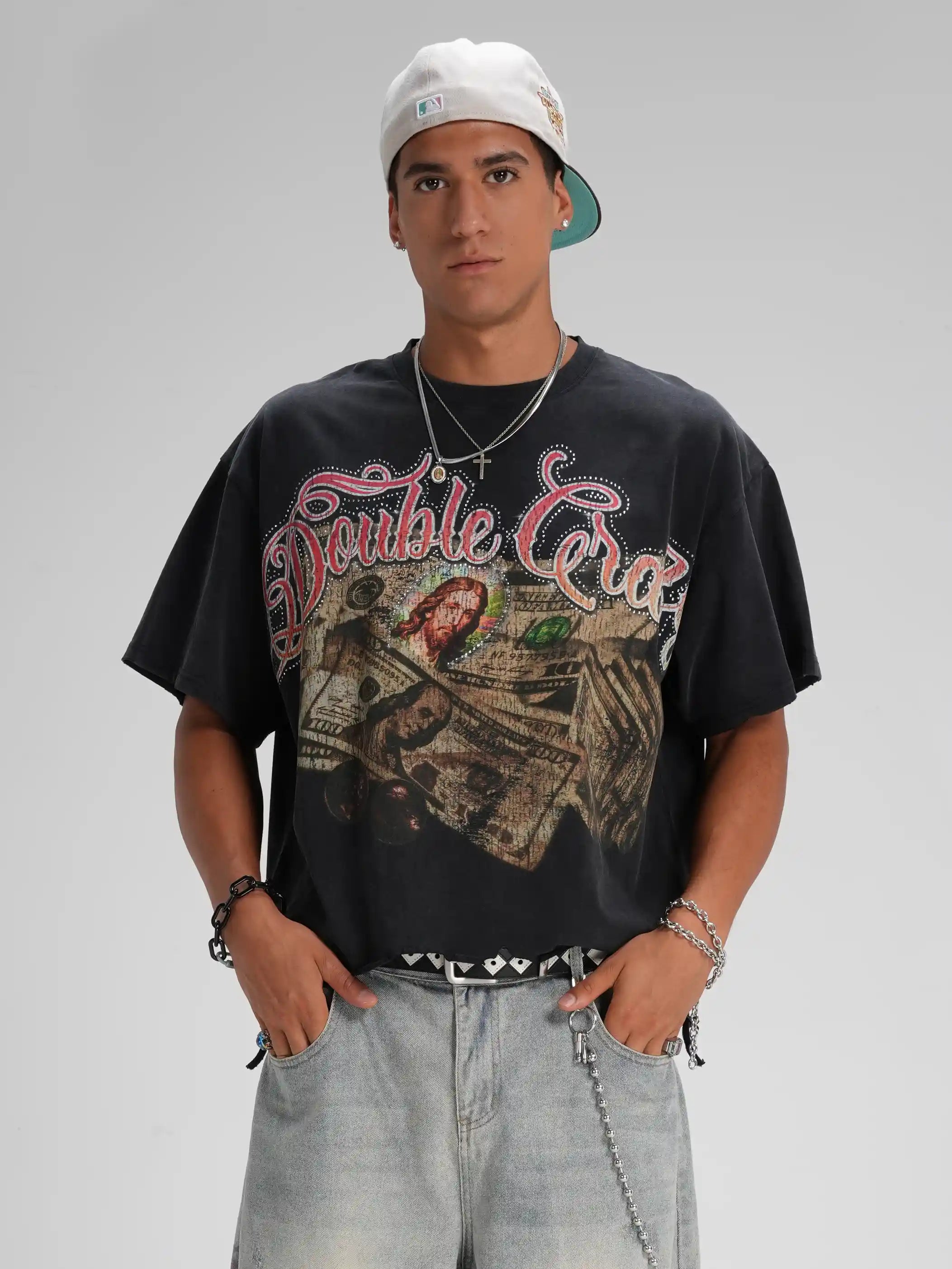 T-shirt ample "Rhinestone Jesus Cash Boxy"-587