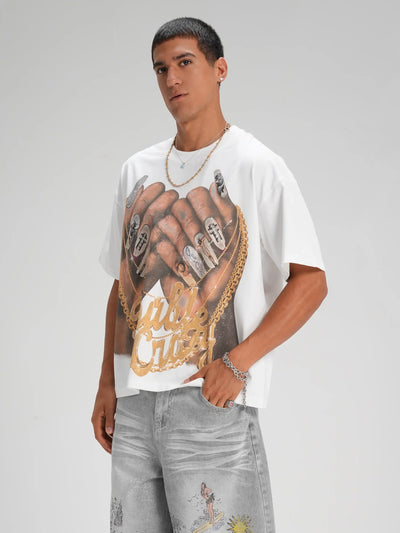 Camiseta holgada con caja de uñas y cadena dorada "Bling"-593
