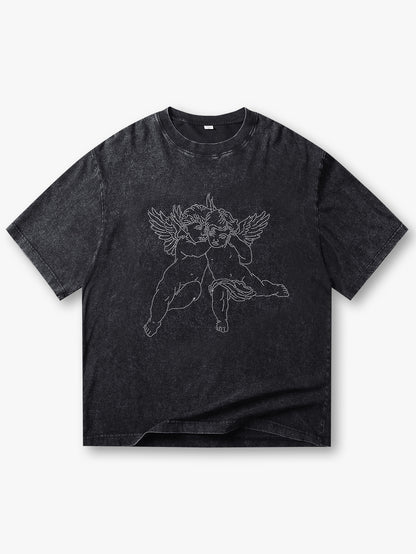Hot Sale Graphic T-Shirt with Winged Angel Print Studded Detail Trendy Streetwear Casual Top