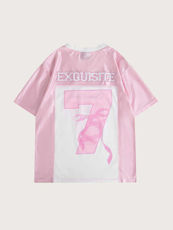 Sporty Pink and White 'Snow Ghost' Jersey with a Feminine Ribbon Accent and Bold Number 7 – Stylish Activewear for Every Occasion