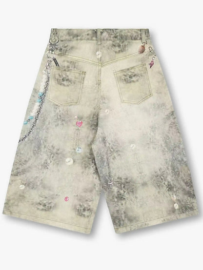 Y2K Streetwear Style High Waist Denim Shorts Washed Loose Fit Kawaii Charm Decor-S1035