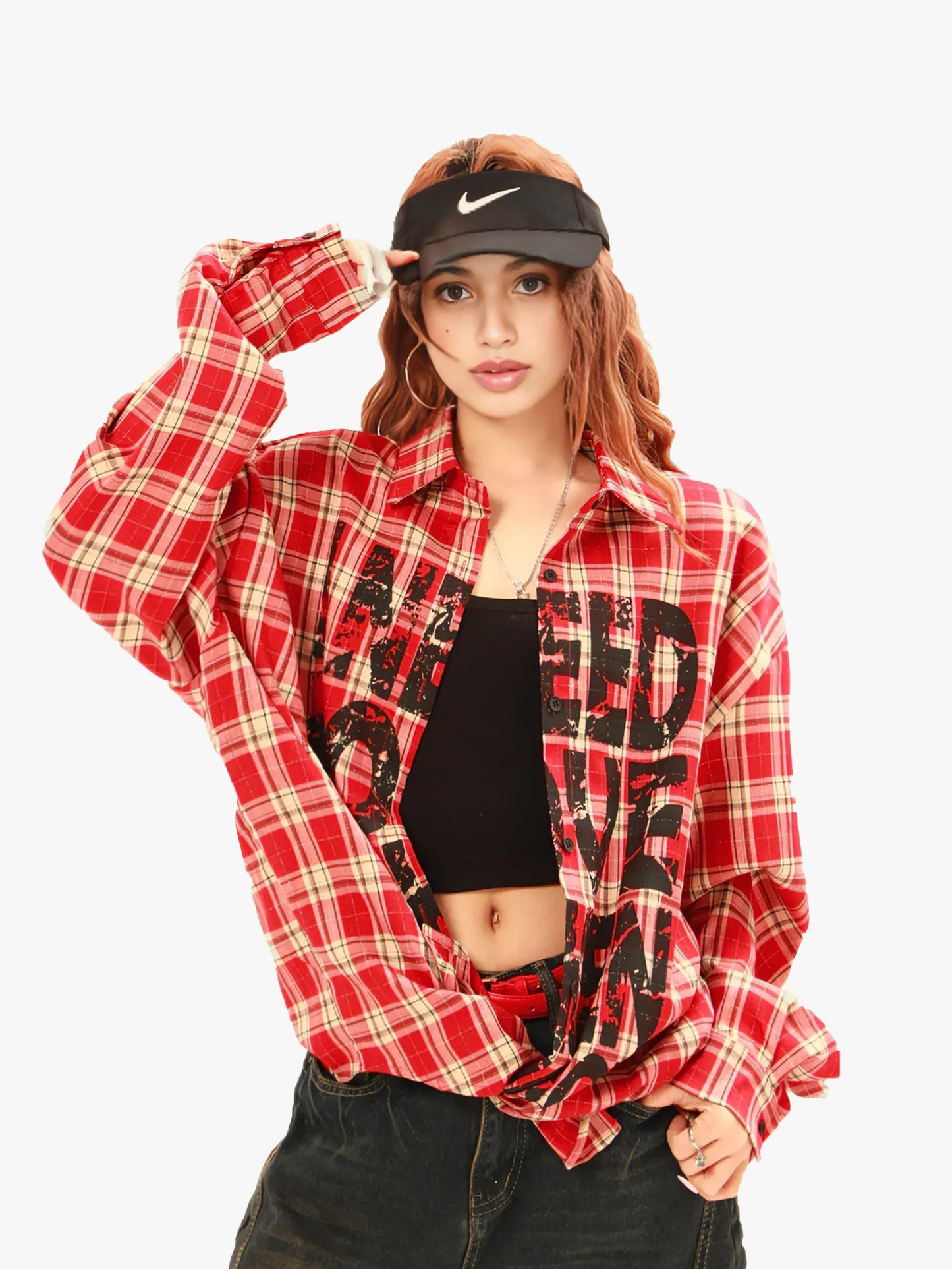 Plaid Graffiti Print Shirt Unisex Streetwear Long Sleeve Grunge Flannel Top-S1012