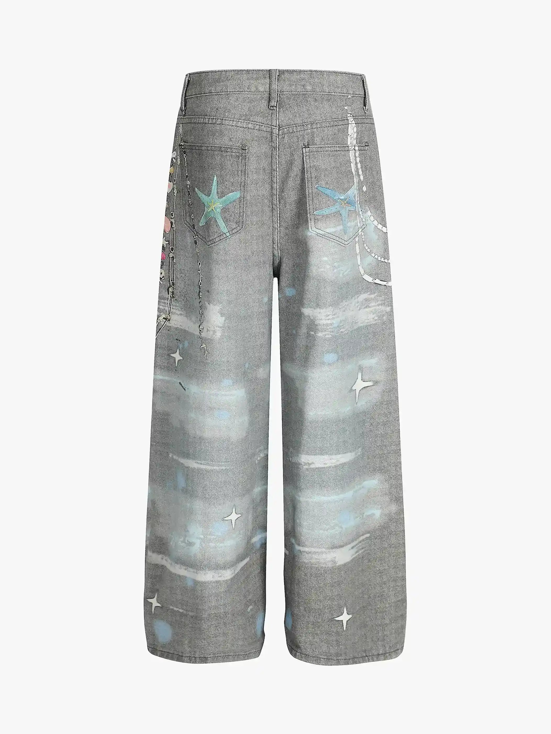 Playful Dog & Starfish Print Denim Pants-S1076