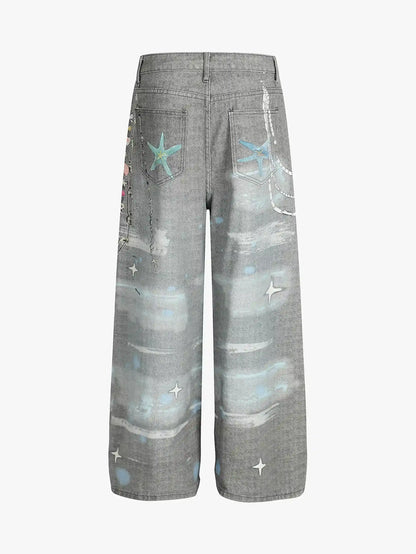 Playful Dog & Starfish Print Denim Pants-S1076