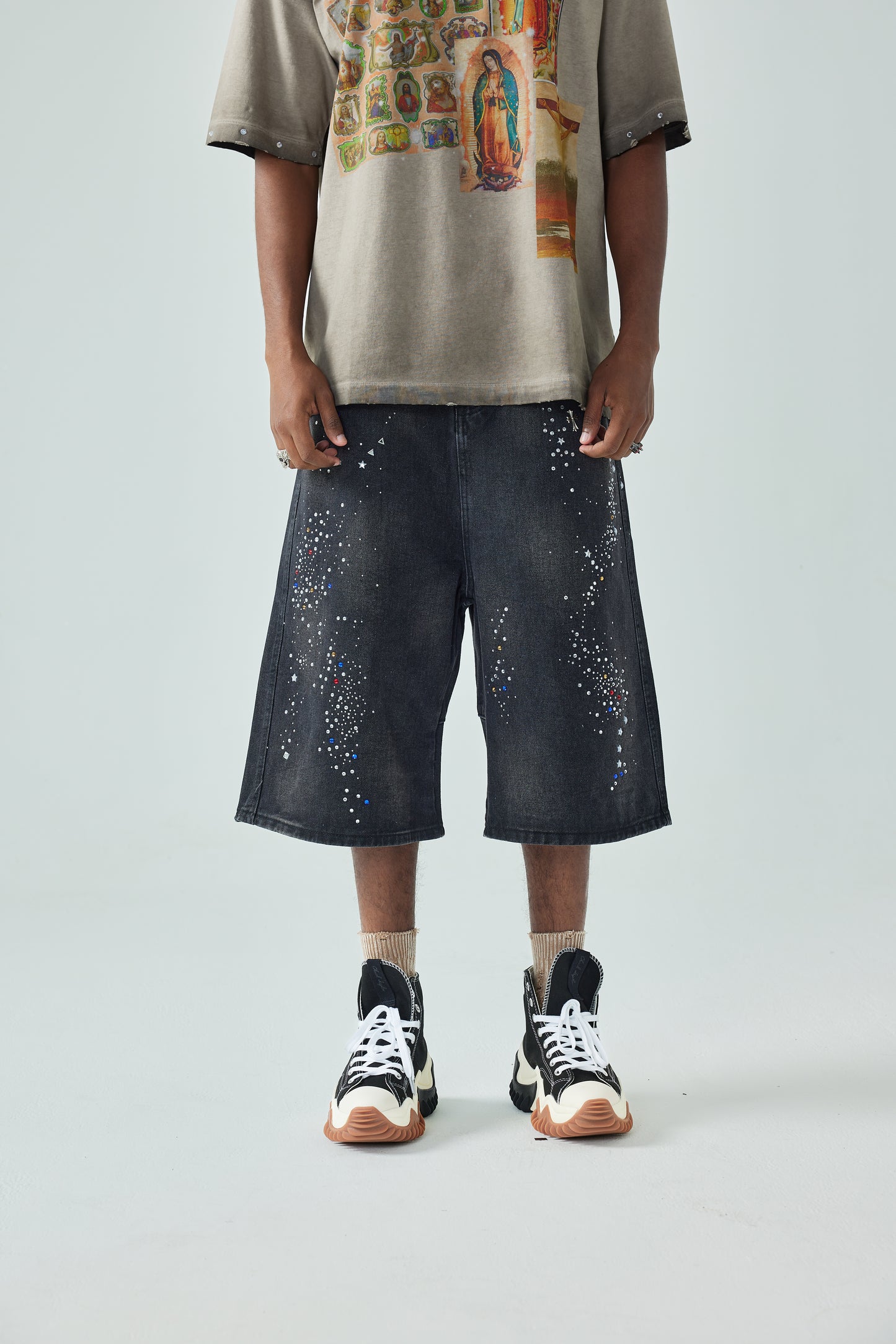 Sparkle Style Black Denim Shorts High Waist Loose Fit Rhinestone Embellished Streetwear-S1033