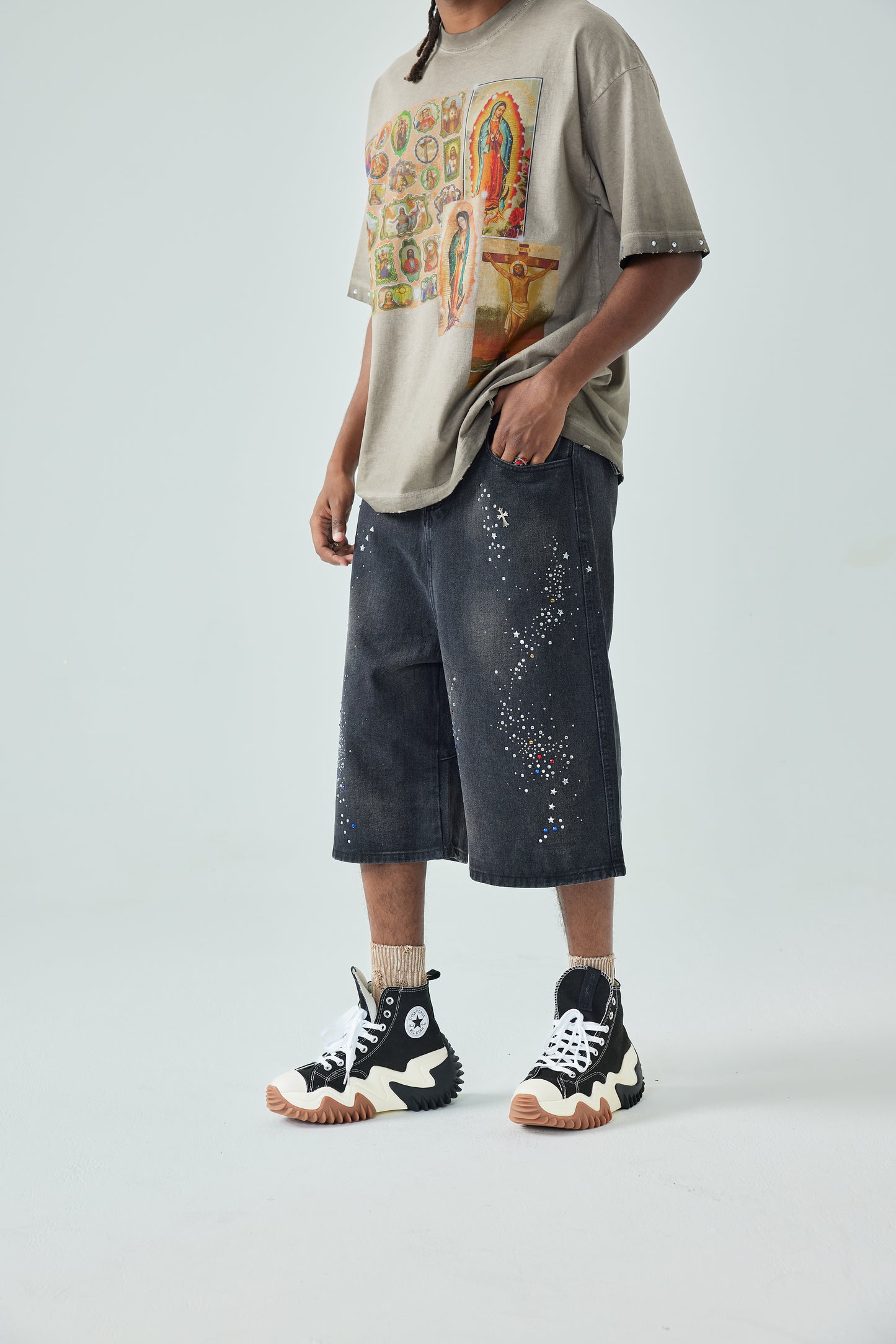 Sparkle Style Black Denim Shorts High Waist Loose Fit Rhinestone Embellished Streetwear-S1033