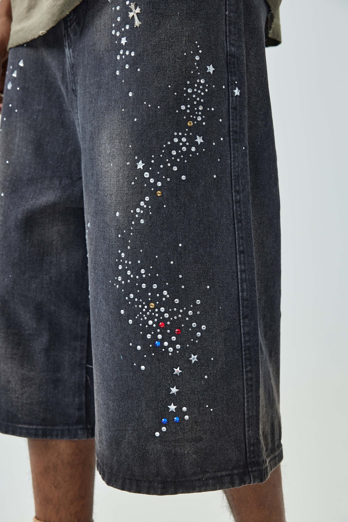Sparkle Style Black Denim Shorts High Waist Loose Fit Rhinestone Embellished Streetwear-S1033