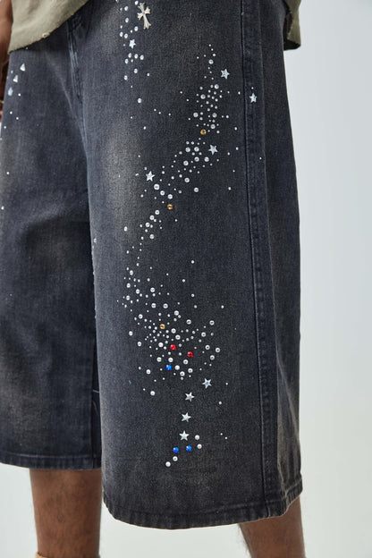 Sparkle Style Black Denim Shorts High Waist Loose Fit Rhinestone Embellished Streetwear-S1033