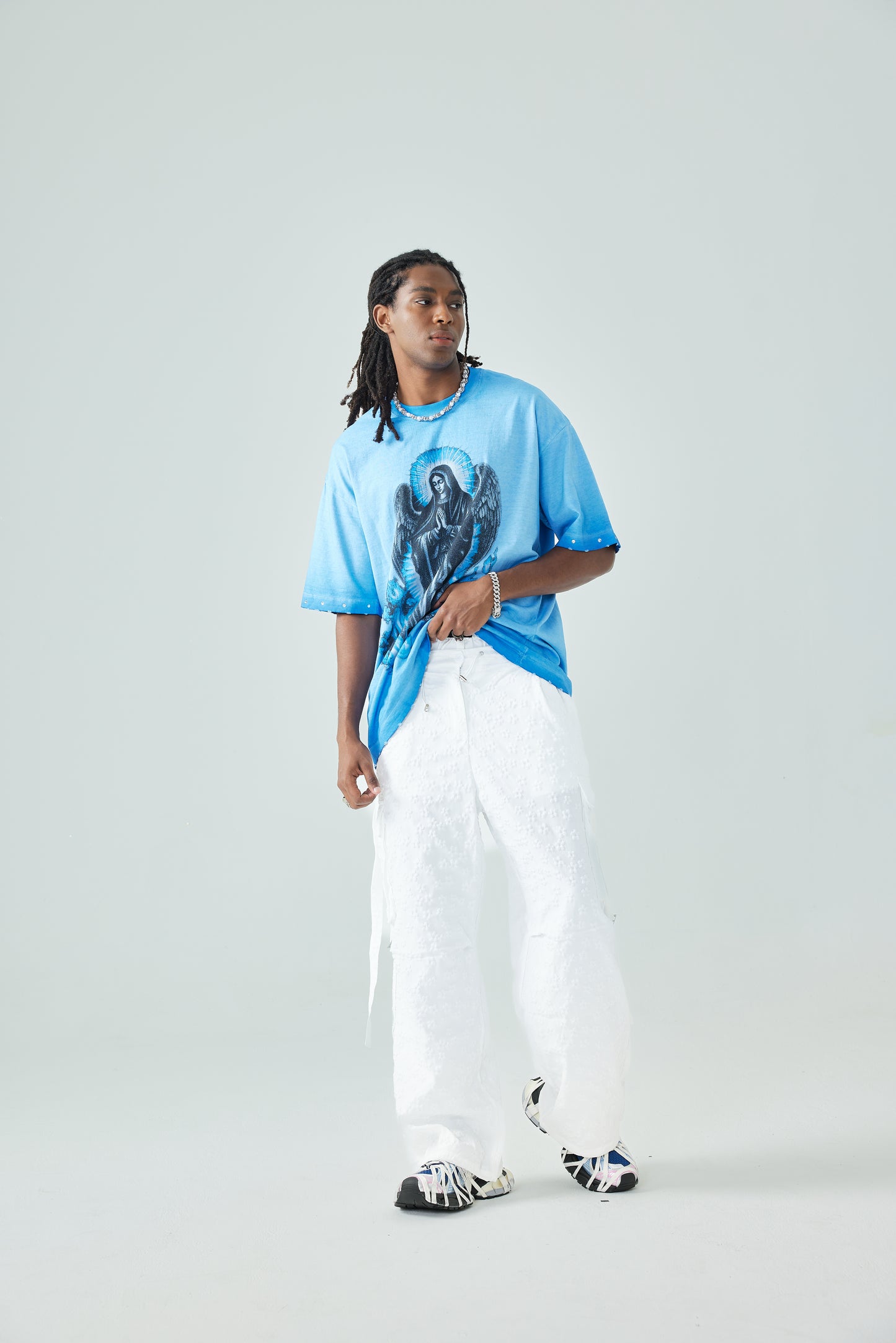 Dark Virgin Mary T Shirt Angel Wings Blue Flame Religious Graphic Tee Unisex-185
