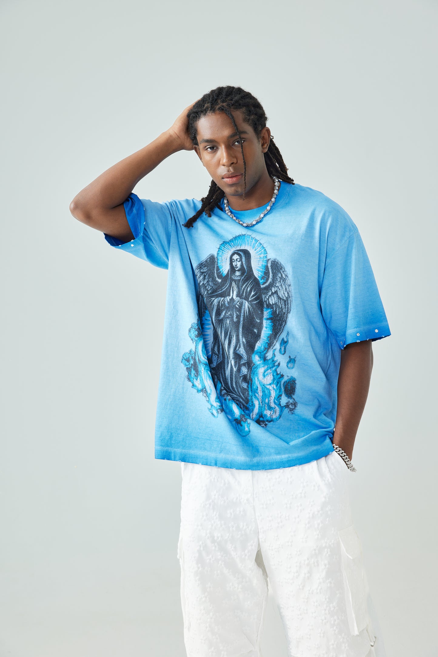 Dark Virgin Mary T Shirt Angel Wings Blue Flame Religious Graphic Tee Unisex-185
