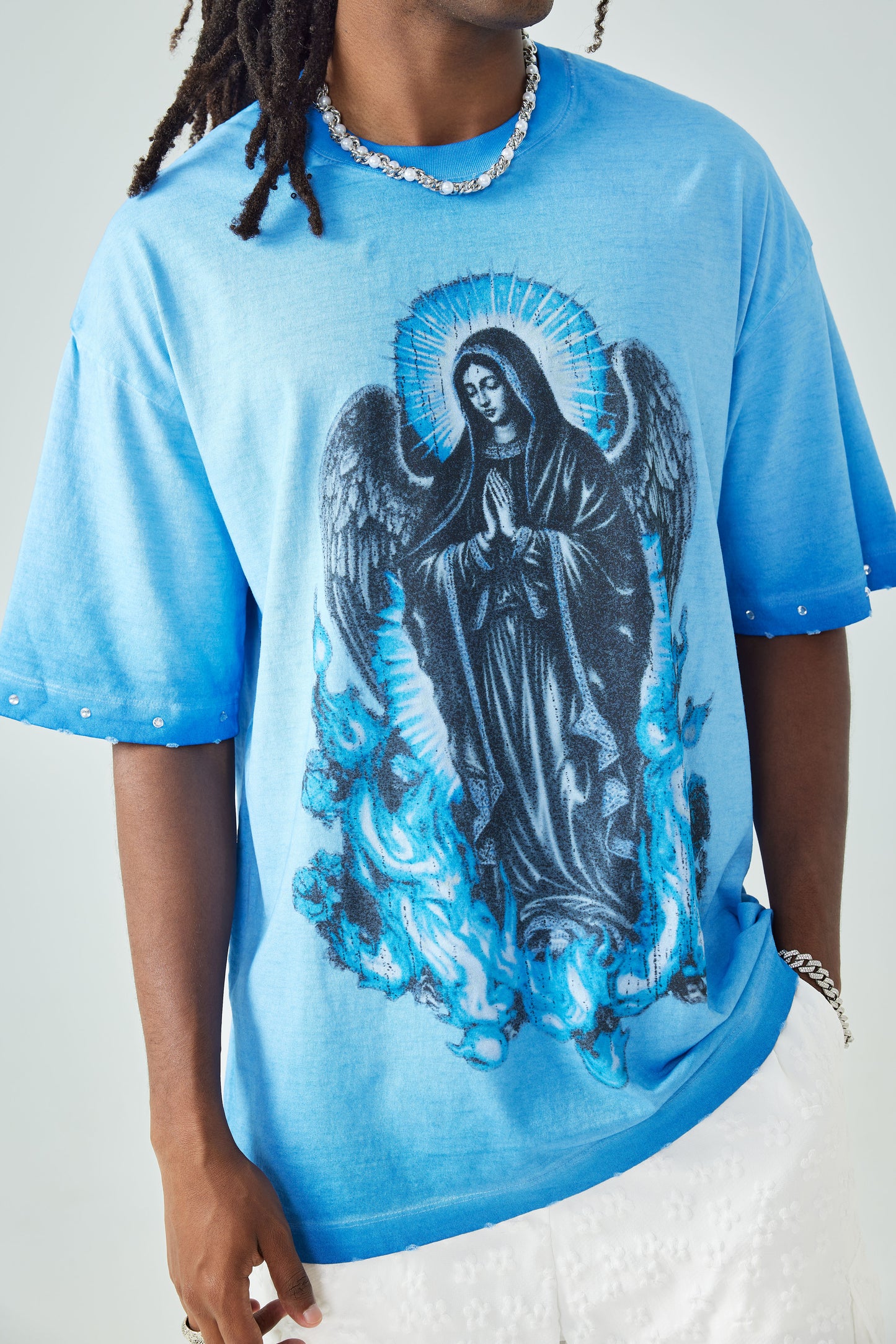 Dark Virgin Mary T Shirt Angel Wings Blue Flame Religious Graphic Tee Unisex-185