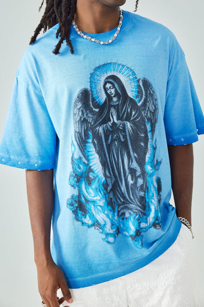 Dark Virgin Mary T Shirt Angel Wings Blue Flame Religious Graphic Tee Unisex-185