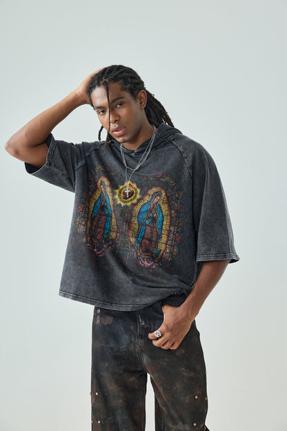 Virgin Mary Guadalupe Hoodie Catholic Graphic Tee Pullover Vintage Washed Streetwear-184