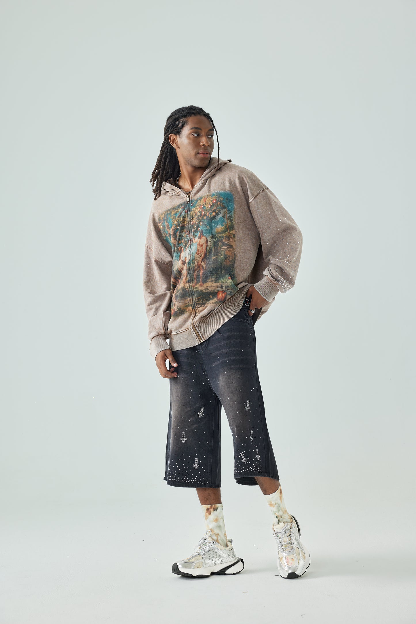 Vintage Art Printed Zip Up Hoodie Unisex Brown with Gemstone Detailing and Biblical Garden of Eden Print Casual Outerwear - 153