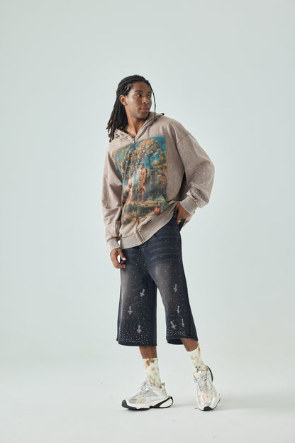 Vintage Art Printed Zip Up Hoodie Unisex Brown with Gemstone Detailing and Biblical Garden of Eden Print Casual Outerwear - 153
