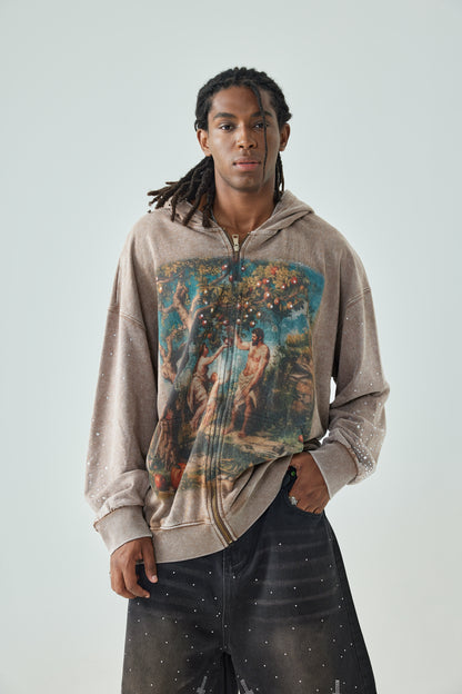 Vintage Art Printed Zip Up Hoodie Unisex Brown with Gemstone Detailing and Biblical Garden of Eden Print Casual Outerwear - 153