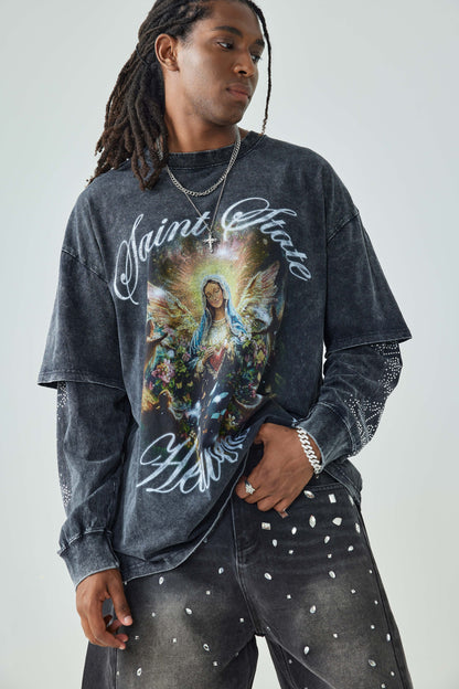 Street Style Long Sleeve Graphic Tee with Angel and Cross Print Vintage Black Casual Top - 156B