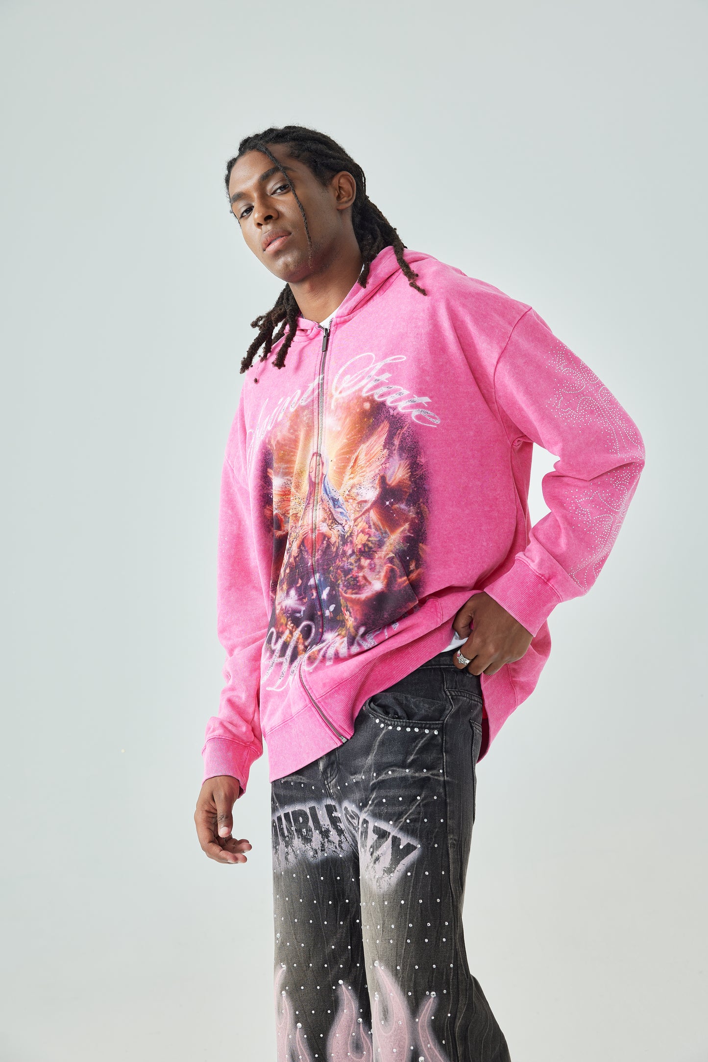 Oversized Washing Zip Up Hoodie with Angel and Cross Print Rhinestone Detail in Pink Casual Outerwear - 156P