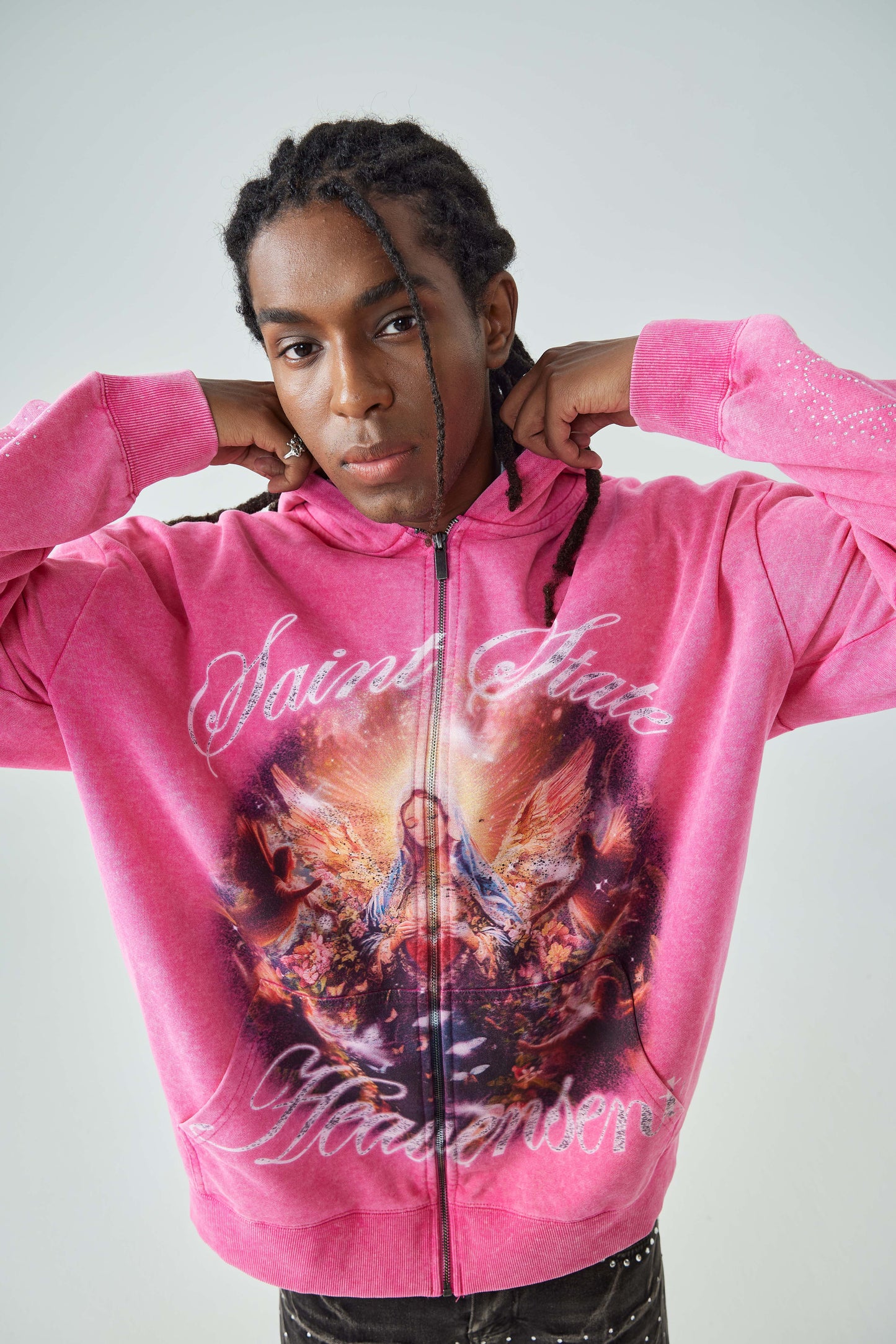 Oversized Washing Zip Up Hoodie with Angel and Cross Print Rhinestone Detail in Pink Casual Outerwear - 156P