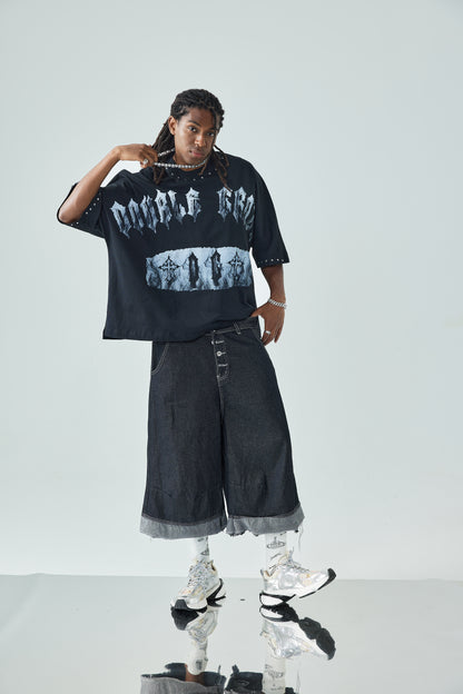 New Style Gothic Graphic T Shirt Oversized Black Streetwear Cross Print Punk Rock Style Tee-189