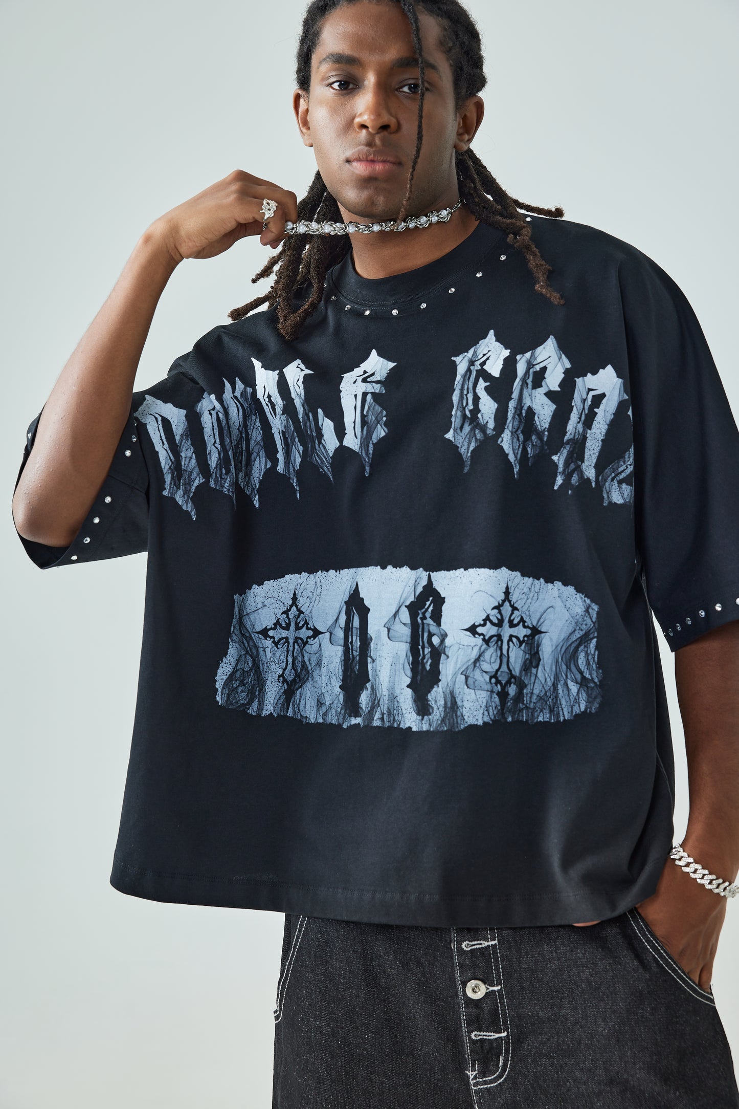 New Style Gothic Graphic T Shirt Oversized Black Streetwear Cross Print Punk Rock Style Tee-189