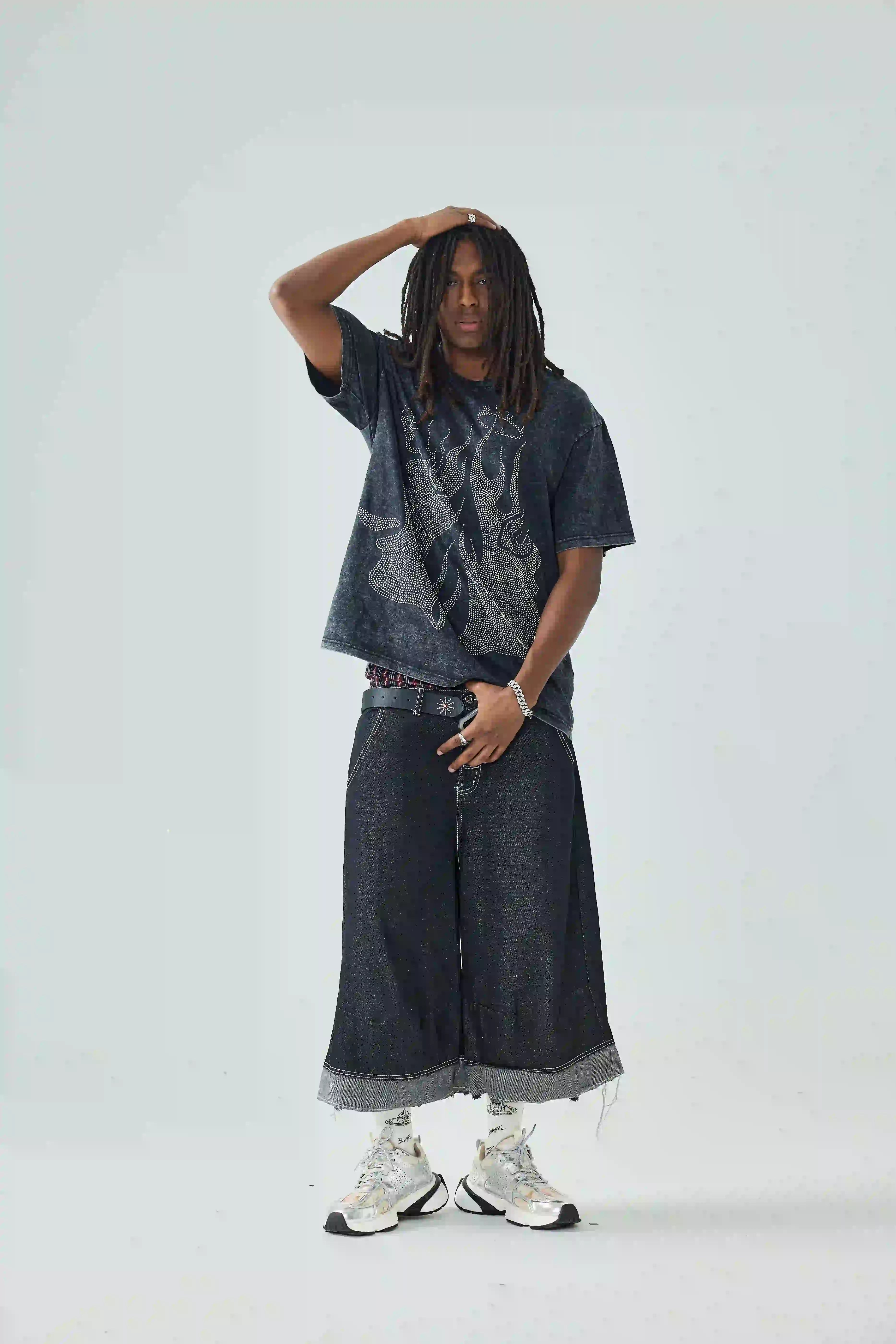 DOUBLECRAZY Flame Two-Faced Man Diamond Distressed Vintage T-shirt-044