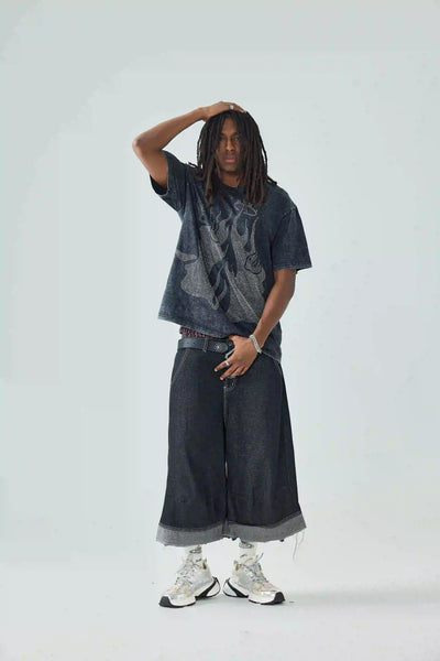 DOUBLECRAZY Flame Two-Faced Man Diamond Distressed Vintage T-shirt-044