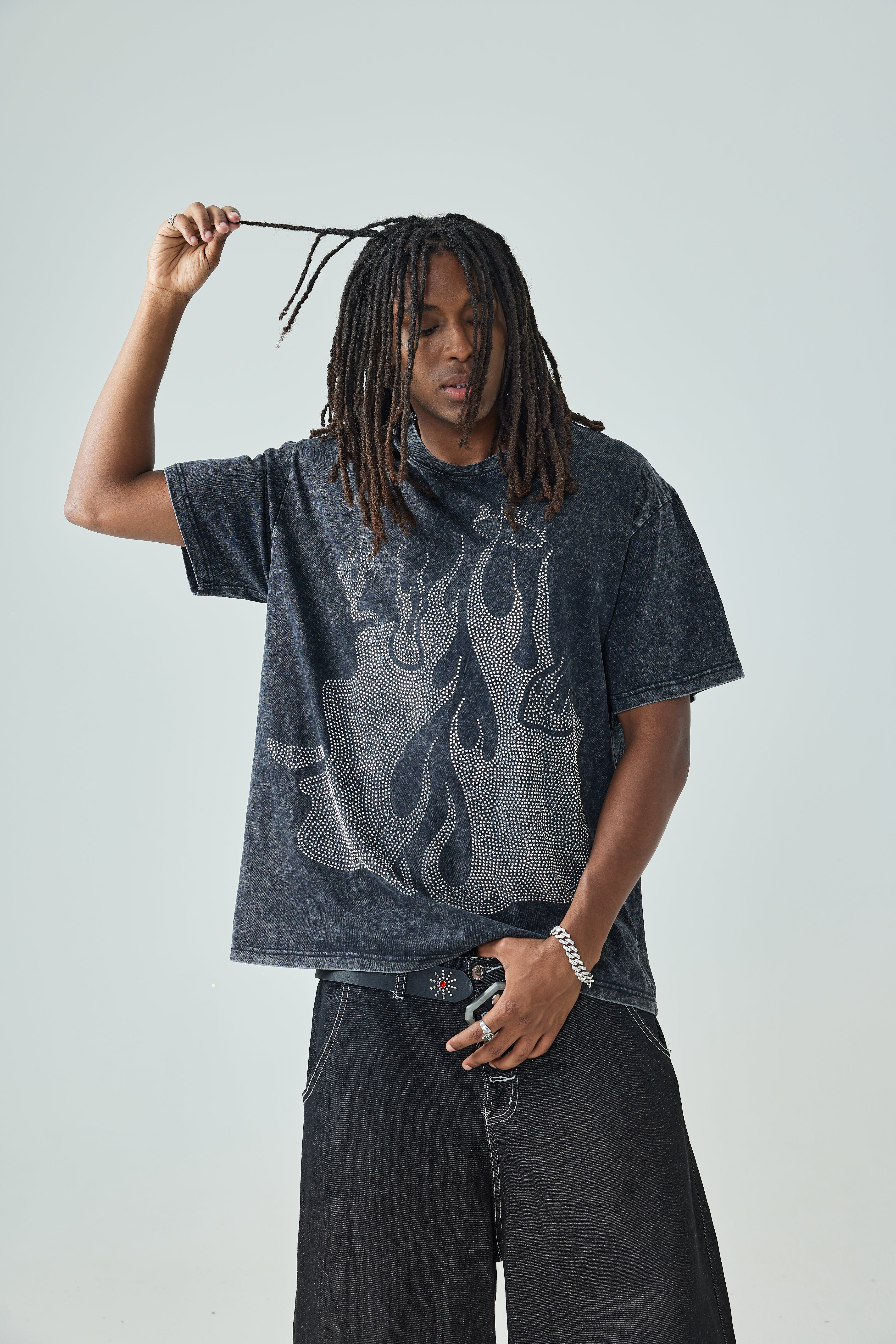 DOUBLECRAZY Flame Two-Faced Man Diamond Distressed Vintage T-shirt
