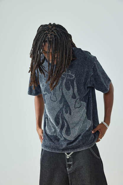 DOUBLECRAZY Flame Two-Faced Man Diamond Distressed Vintage T-shirt