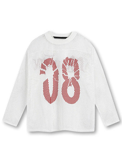 Hauts à manches longues en maille blanche et noire avec chiffres graphiques audacieux - Look sportif et avant-gardiste