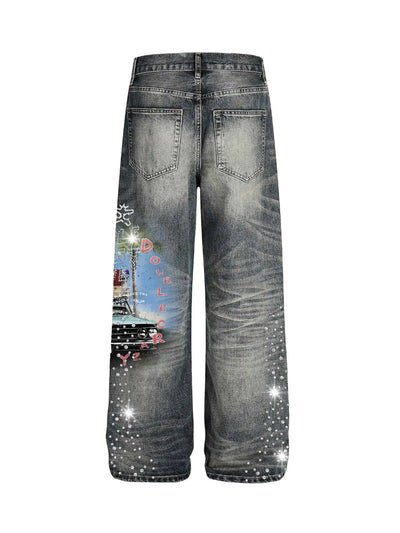 Rhinestone Pin-up Washed Jeans-610