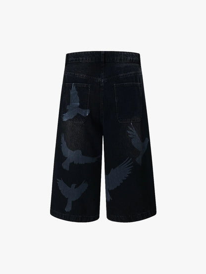 Trendy Black Denim Shorts with Bird Print Graphic Stylish Streetwear Casual Bermuda Pants - S966