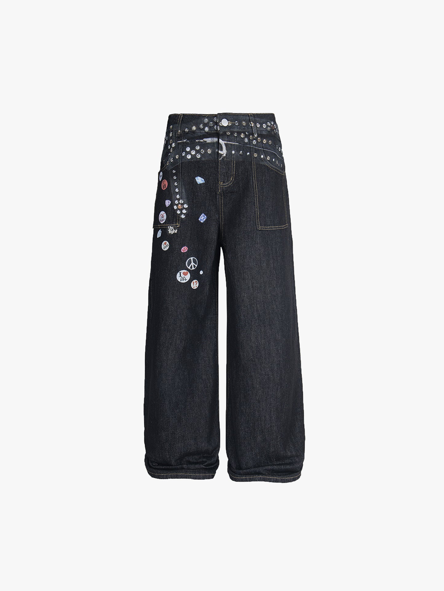 Y2K Wide Leg Jeans Women Studded Patchwork High Waist Denim Pants-S1003