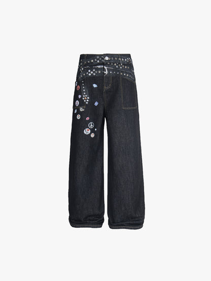 Y2K Wide Leg Jeans Women Studded Patchwork High Waist Denim Pants-S1003