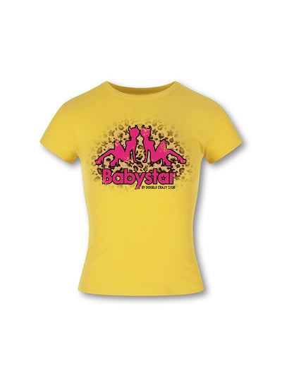Leopard devil girl rhinestone baby tee front view DoubleCrazy