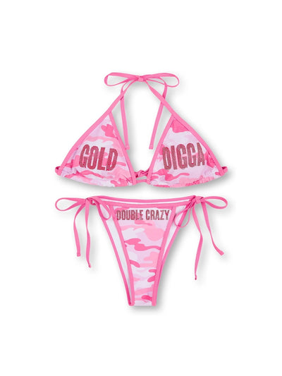 Conjunto de bikini rosa de camuflaje con pedrería-653