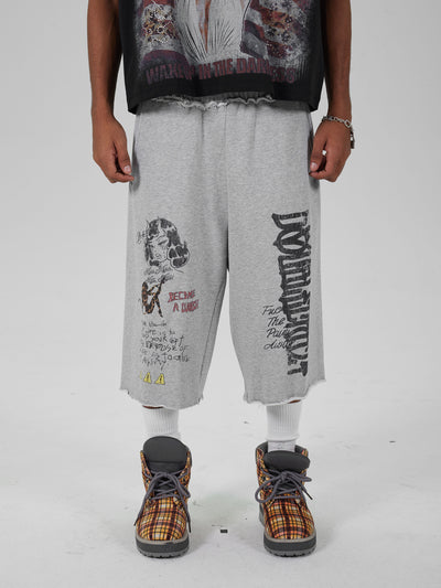 Faded Gothic Text Raw Shorts-736