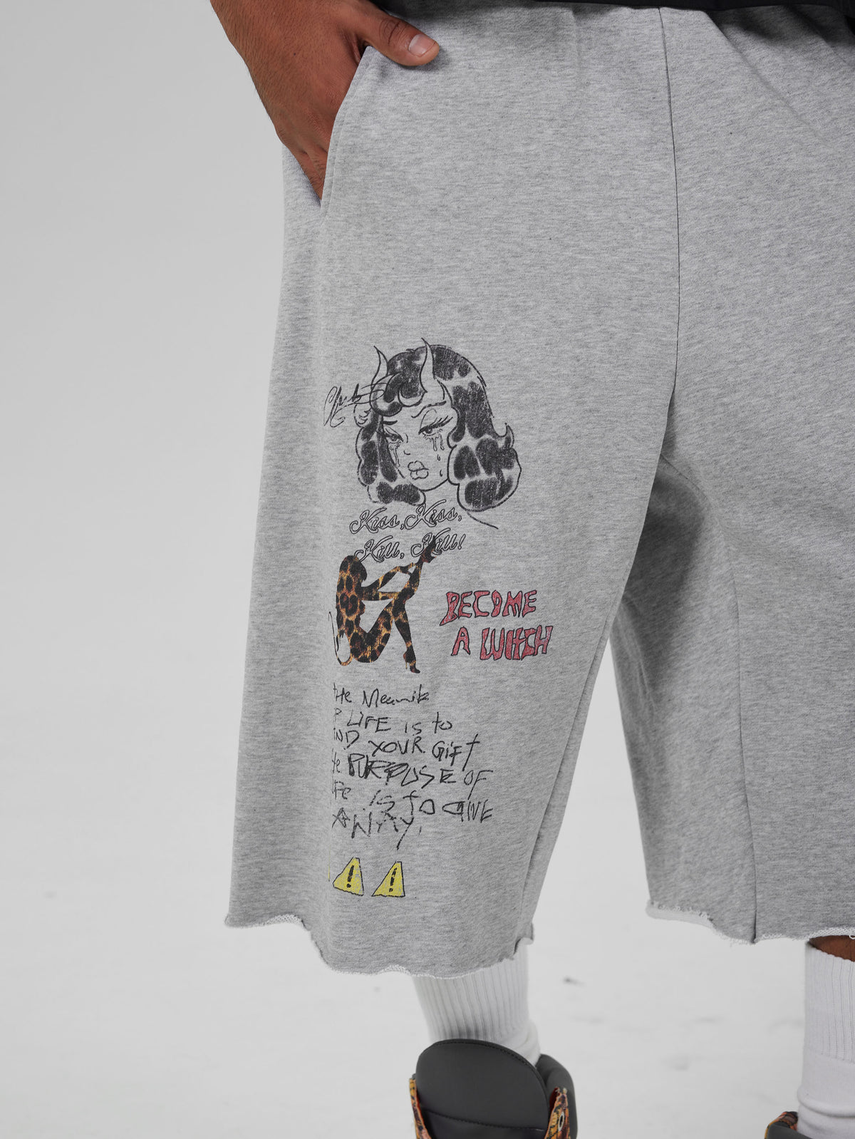 Faded Gothic Text Raw Shorts-736