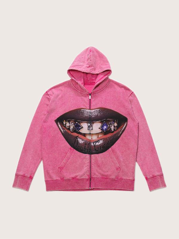 Pink Hoodie Bold Lip Graphic Design Zipper Unisex Casual Streetwear Jacket