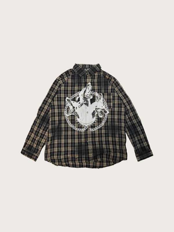 Plaid Shirt with Intricate White Graphic – A Unique Blend of Classic Checkered Pattern and Bold Artistic Print for a Contemporary Edge