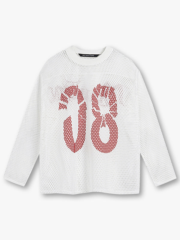 Camisetas de manga larga de malla en blanco y negro con números gráficos llamativos: estilo deportivo y vanguardista