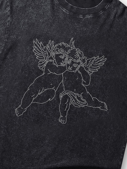 Hot Sale Graphic T-Shirt with Winged Angel Print Studded Detail Trendy Streetwear Casual Top